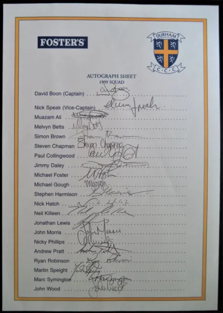 Durham County Cricket Club 1999 Official Autograph Team Sheet