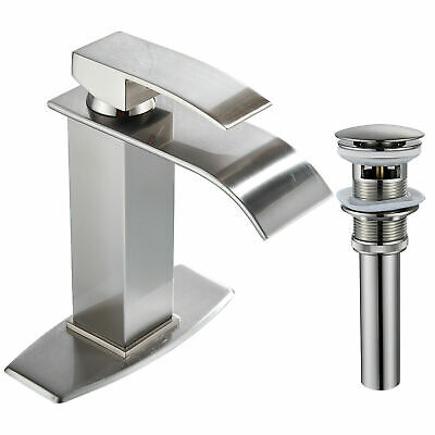 Bathroom Sink Faucet Brushed Nickel Waterfall Single Handle W/Cover Plate&Drain