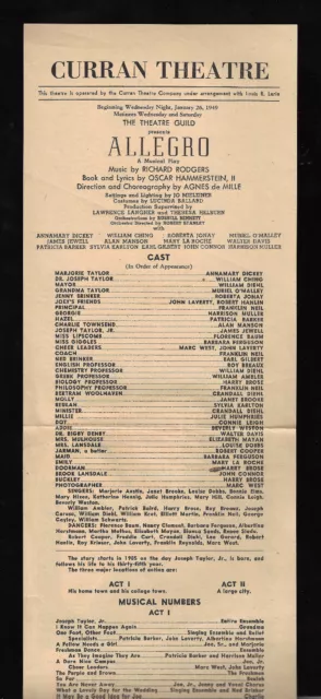 Rodgers and Hammerstein "ALLEGRO" Agnes de Mille 1949 San Francisco Broadside