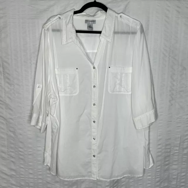 Catherines Shirt Womens 2X White Button Up 3/4 Sleeve Roll Tab V Neck Collar