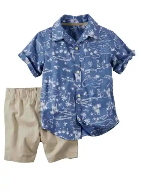 Carters Infant & Toddler Boy 2 PC Tropical Button Front Shirt Tan Shorts Set