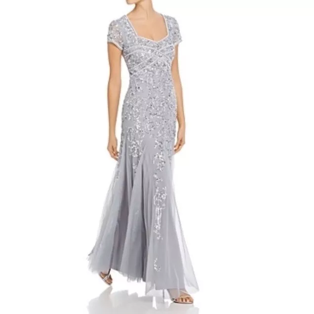 Adrianna Papell Long Beaded Dress with Cap Sleeves in Silver Mist Size 18 New