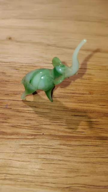 Vintage Glass Elephant Hand Blown Figurine Green Trunk Up Mini