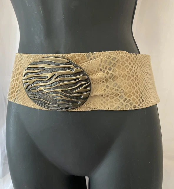 Vtg 3" Wide Tan Suede Snakeskin Boho Avant Garde Metal Buckle Fits 38" to 42" L