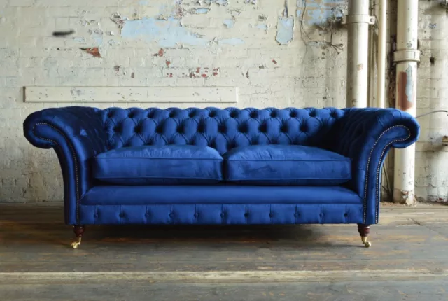 Handmade 3 Seater Plush Navy Blue Velvet Fabric Chesterfield Sofa Couch