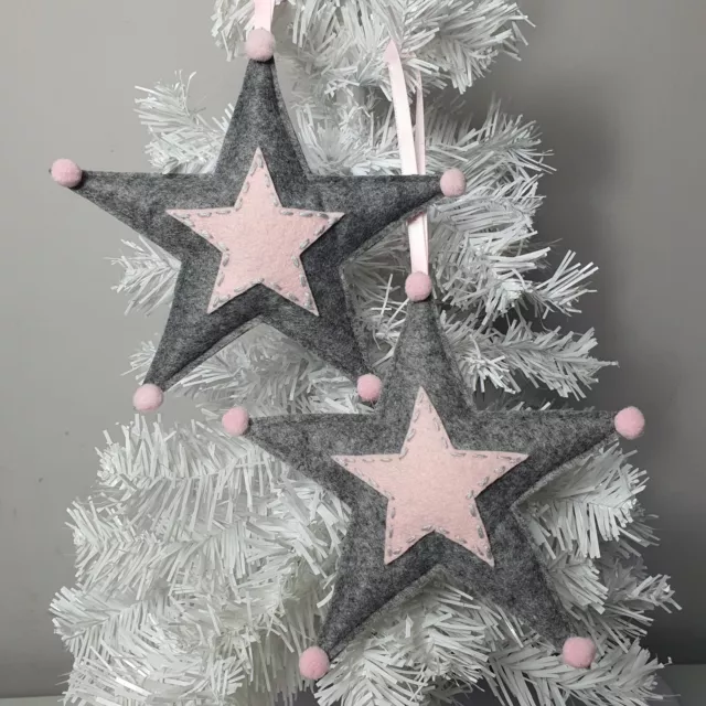STAR Christmas Grey/Pink Felt Hanging Star Shaped Decoration Pom poms  x2