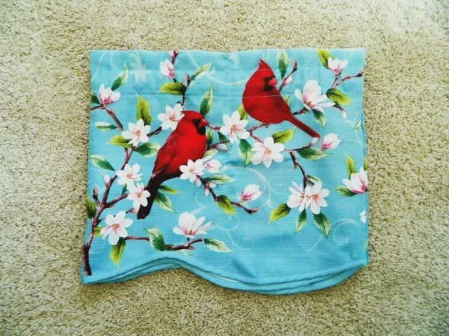 Set of 2 Valance Curtains Cardinals Apple Blossoms Sky Blue Window Linen Fabric