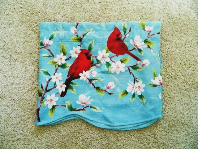 Set of 2 Valance Curtains Cardinals Apple Blossoms Sky Blue Window Linen Fabric Set of 2 Valance Curtains Cardinals Apple Blossoms Sky Blue Window Linen Fabric