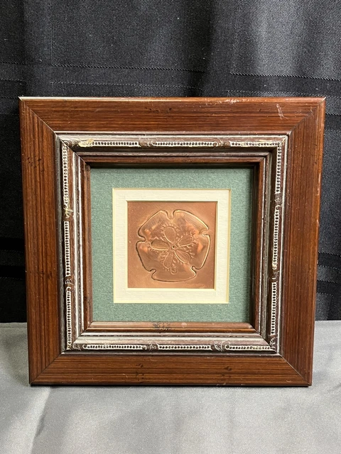 Linda Greenway Copper Art Sand Dollar Nautical Signed Mated Framed 6"X6"