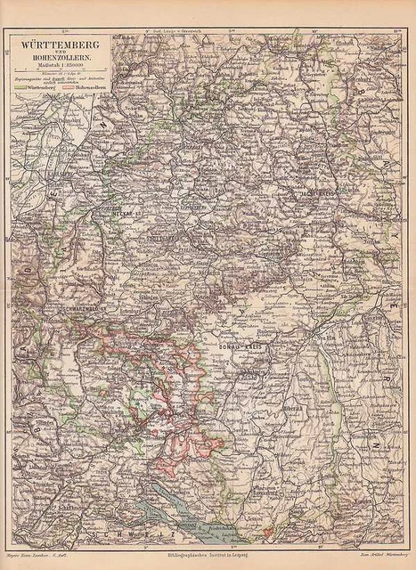 Baden-Wurttemberg Hohenzollern Antiguo Mapa de País 1905 Schwarzwald Donau-Kreis