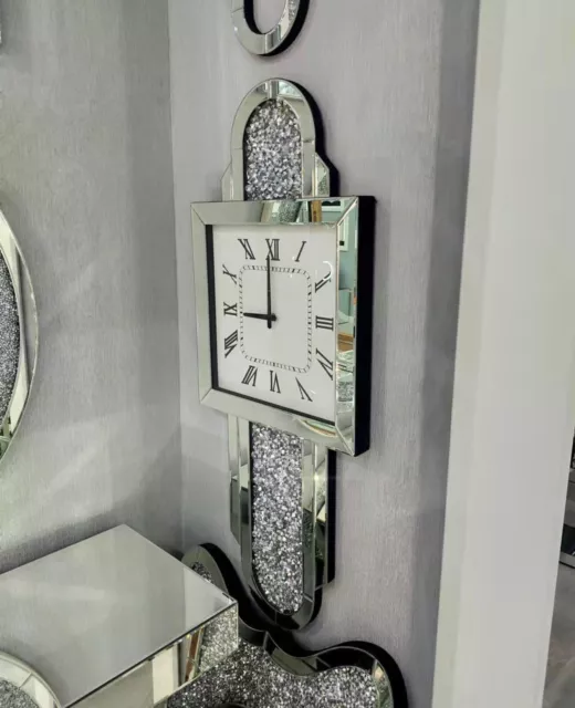 Xxl Sparkly Wall Clock Mirror Crushed Diamond Silver Crushed Crystal Filled 2