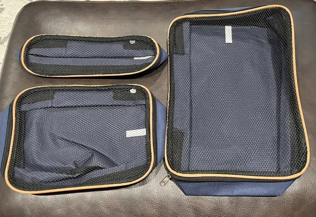Packing Cubes Set of 3 NWOT, Varied Sizes, Zippered w/ Mesh Top, Navy & Tan