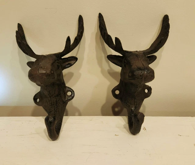 2 Brown Elk Stag Deer Antler Coat Hat Wall Hooks Rustic Cast Iron Cabin Decor