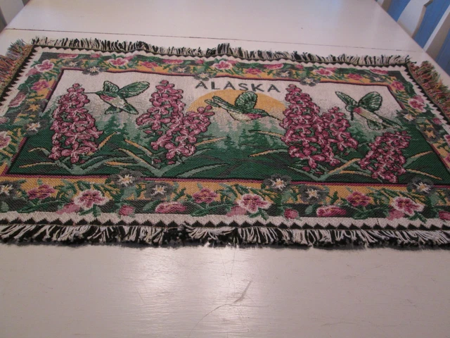 Tapestry Woven Alaska Wall Hanging Fringe Humming Birds 38" Wide 21" Tall Floral