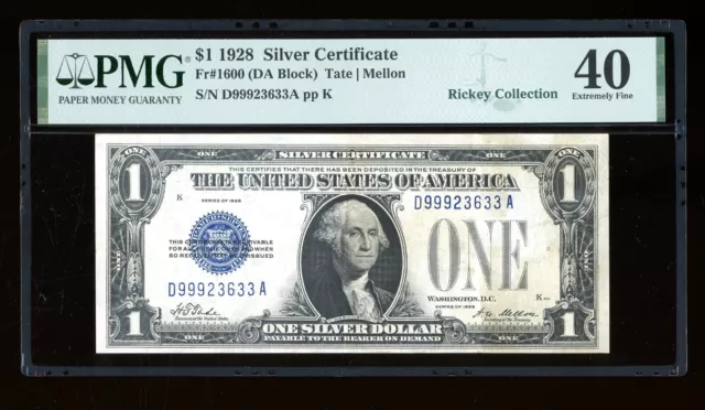 DBR 1928 $1 Silver Fr. 1600 DA Block PMG XF-40 Serial D99923633A