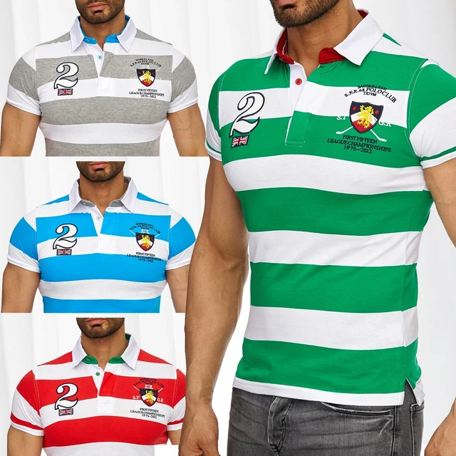 Uomo Camicia di polo manica corta T-shirt ricamata tratto Sportivo blu bianco