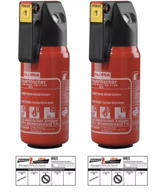 2x Gloria KFZ Auto-Pulverlöscher P1DB, 1kg Brandklasse ABC Halterung u. Plakette