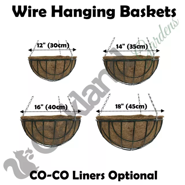 Hanging Baskets 12" 14" 16" 18" Liners Round Wire Coco Metal Green Planter Chain