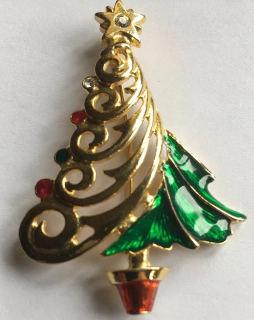 Christopher Radko Shiny Brite Christmas Tree Pin Enamel Crystal Rhinestones 2.5
