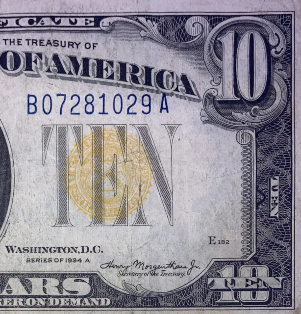 1934 ($10) Ten Dollar Yellow Seal Silver Certificate North Africa Note
