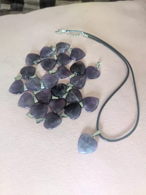 Purple Amethyst Crystal Heart Stone 3/4" Pendant Natural Gem Necklace