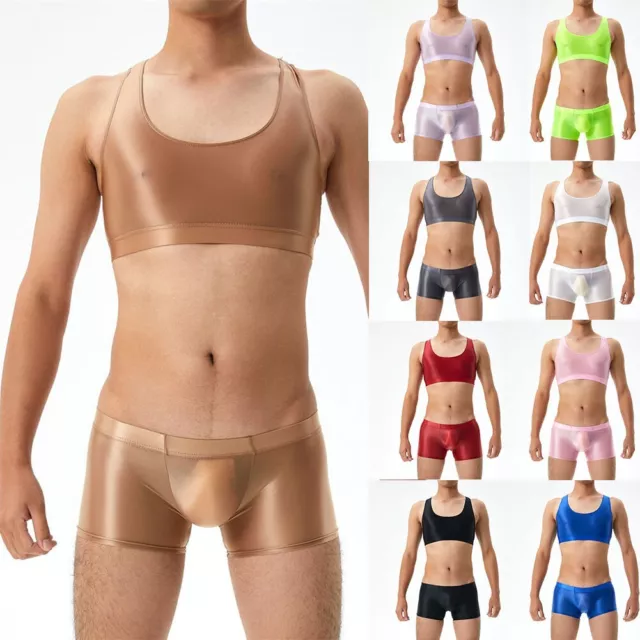 Trendy Men's Posing SeeThrough Underwear Set with Oil Glossy Silky Texture