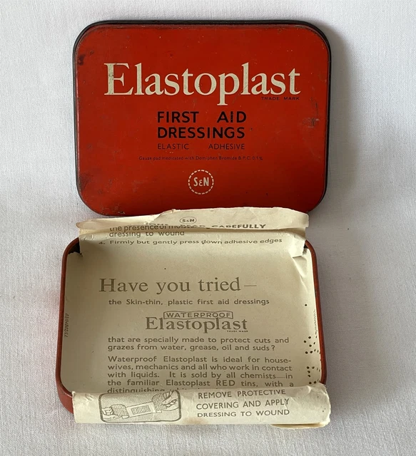 Vintage ELASTOPLAST First Aid Dressings Sticking Plaster Tin + Paper Insert
