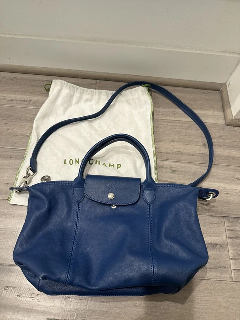 LONGCHAMP Small Le Pliage Cuir Blue Leather Top Handle Bag Women’s New $565