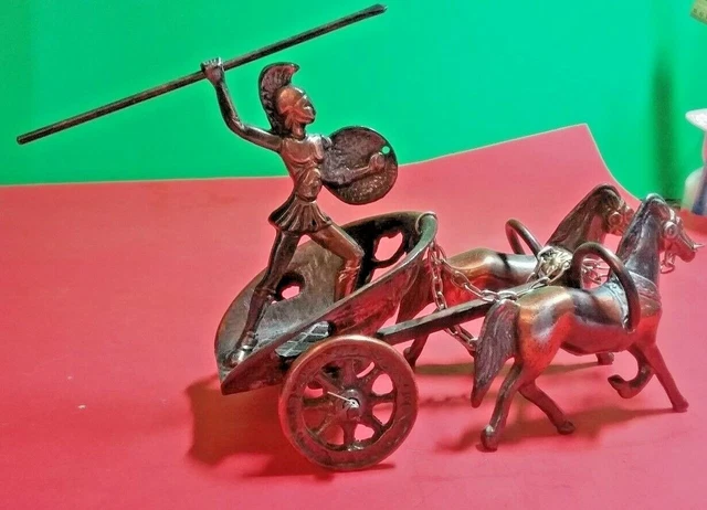 Vintage Copper Gladiator With Chariot Spear Horse Figurine Collectible Decor