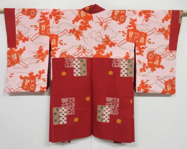 0526i01z460 Vintage Japanese Kimono Silk MEISEN LONG HAORI Dark red Flower