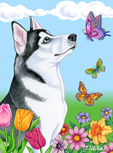 Butterfly Garden Flag - Siberian Husky 980181