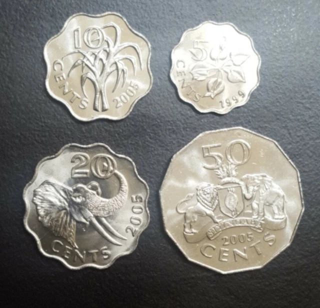 1999-2005 Swaziland 5 10 20 50 Cents Elephant Scalloped Shape Coins Set Of 4 Lot