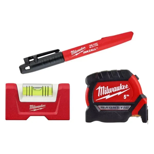 Milwaukee Set Cinta Métrica 5M, Mini Nivel Magnético, Marcador Permanente