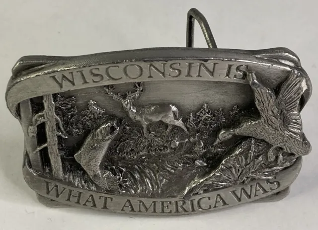 Vintage 1983 “Wisconsin Is What America Was” Bergamot Brass Works 3D Belt Buckle