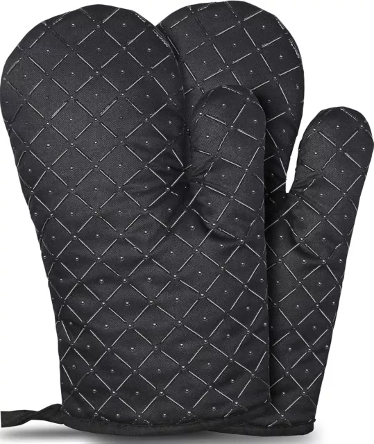 1 Pair Black Oven Gloves Heat Resistant Quilted Cotton Kitchen Mitts Non-Slip