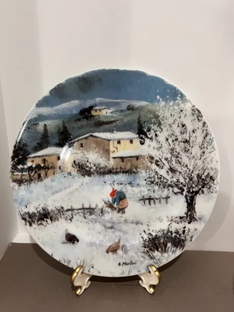 Limoges 7.5" Plate Hand Painted Artist Signed G. Martini Feeding Chickens Snow