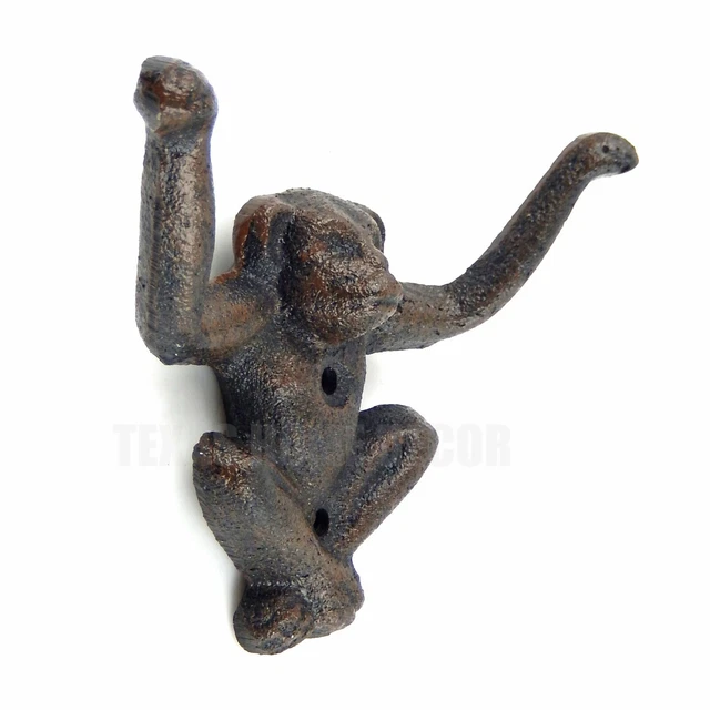 Monkey Double Wall Hook Cast Iron Coat Towel Key Hanger Antique Style Dark Brown 2