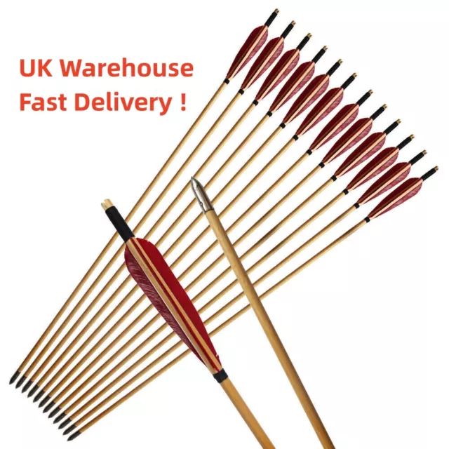 12-24pcs Handmade Tradition Wooden Arrow Recurve bow Red Turkey Feath Fletching