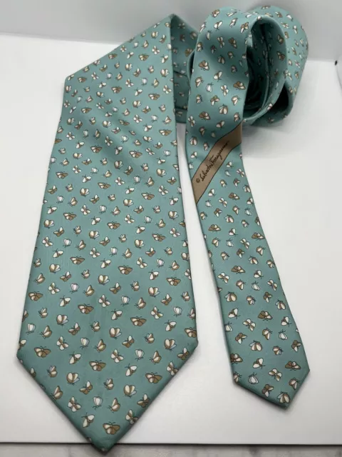 Salvatore Ferragamo Tie Brush Print Silk Cyan Blue Necktie Butterfly 60 X 3.75 3