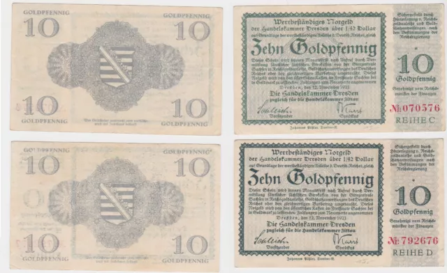 2x 10 Goldpfennig Banknoten Dresden Handelskammer 12.November 1923 (130410)