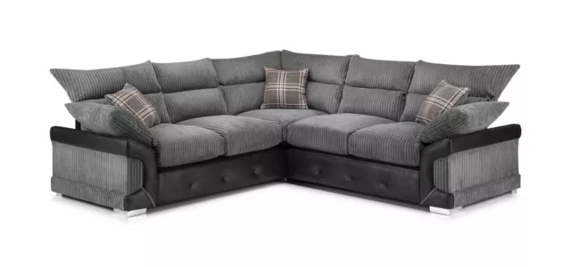 Jumbo Cord Corner Sofa Suite Set Footstool 3 2 Seater Black &Grey Armchair-Logan