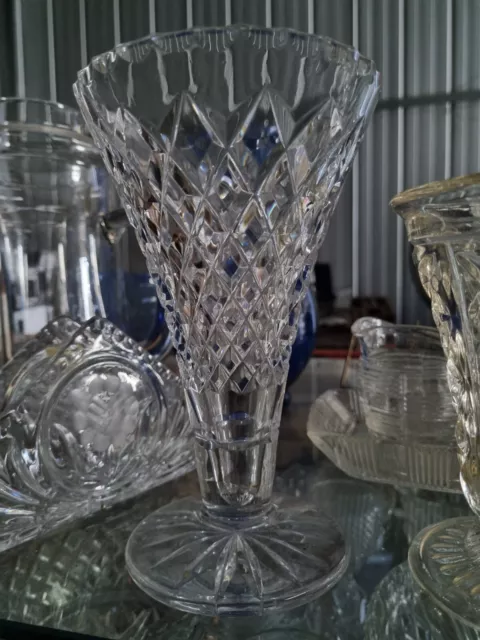 Vintage Clear Diamond Cut Crystal Scolloped Top Vase