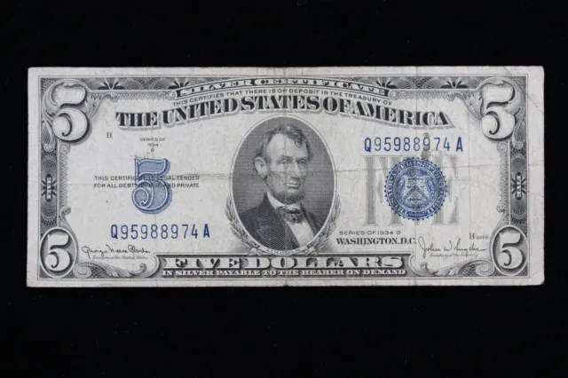 $5 1934C blue seal Silver Certificate Circulated Q95988974A Exact Note Shown