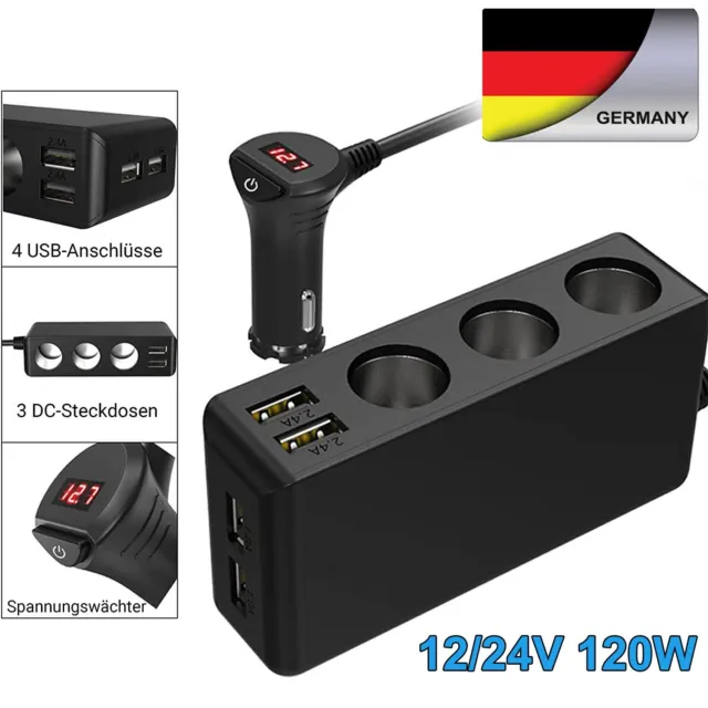 12V 24V LKW Auto KFZ-Adapter 3 Fach Zigarettenanzünder Verteiler 4 USB Steckdose