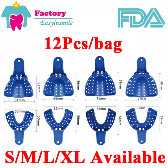 12Pc Easyinsmile Dental S/M/L/XL Perforated Plastic Impression Trays Upper/Lower