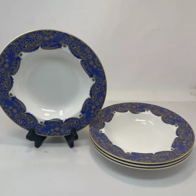 Neiman Marcus Queen's Blue Lace Rimmed Soup Bowls - Set of 4 - 8.5"