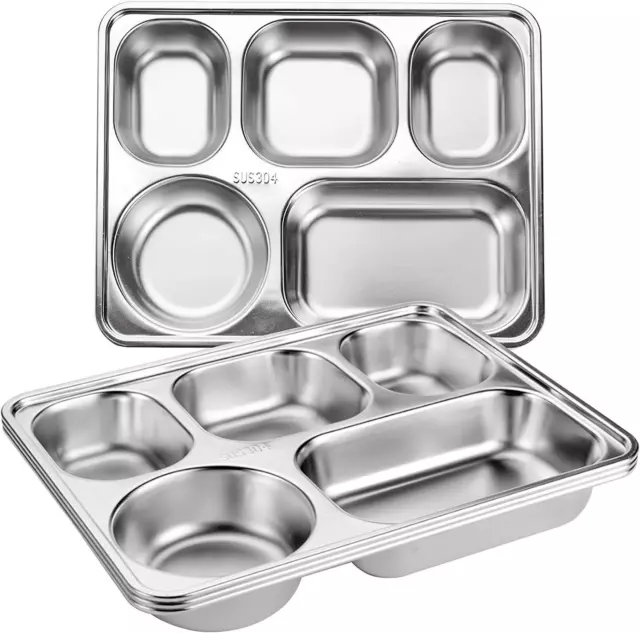 3 Pack Stainless Steel Rectangular Divided Plates Tray, 5 Sections Dinner Plates