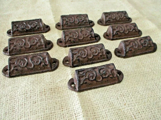 10 Cast Iron Brown 3" Ornate Pulls Drawer Cabinet Bin Handles Rustic Vintage