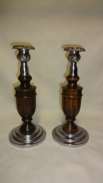 Attractive Pair Of Vintage 1930's Oak & Chrome Candlesticks