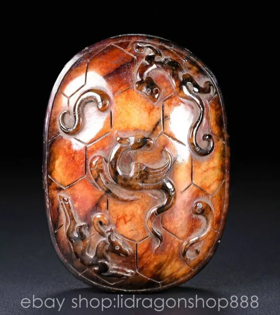 3.6" Chinese Natural Hetian Jade Carving Dragon Pixiu Beast Turtle shell Statue